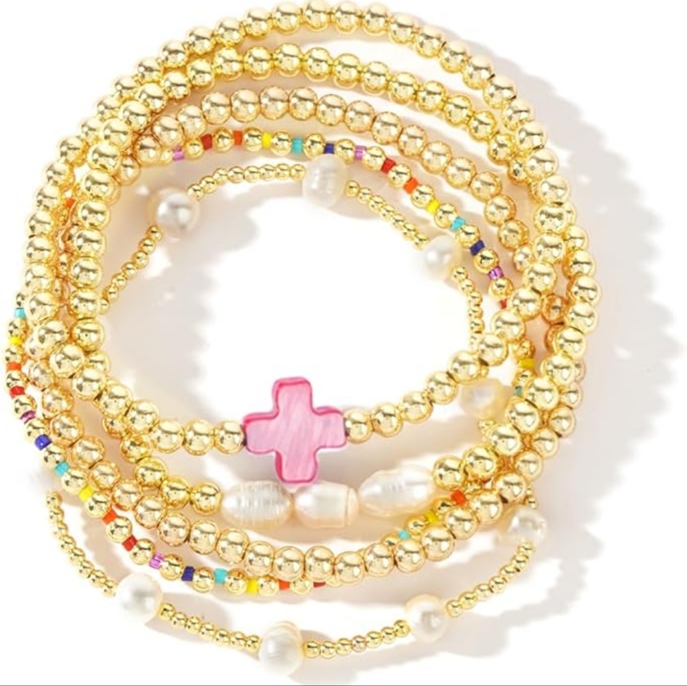 14K Gold Pearl Cross Bracelet Stack | Colorful Beaded Stretch Boho Christian Set